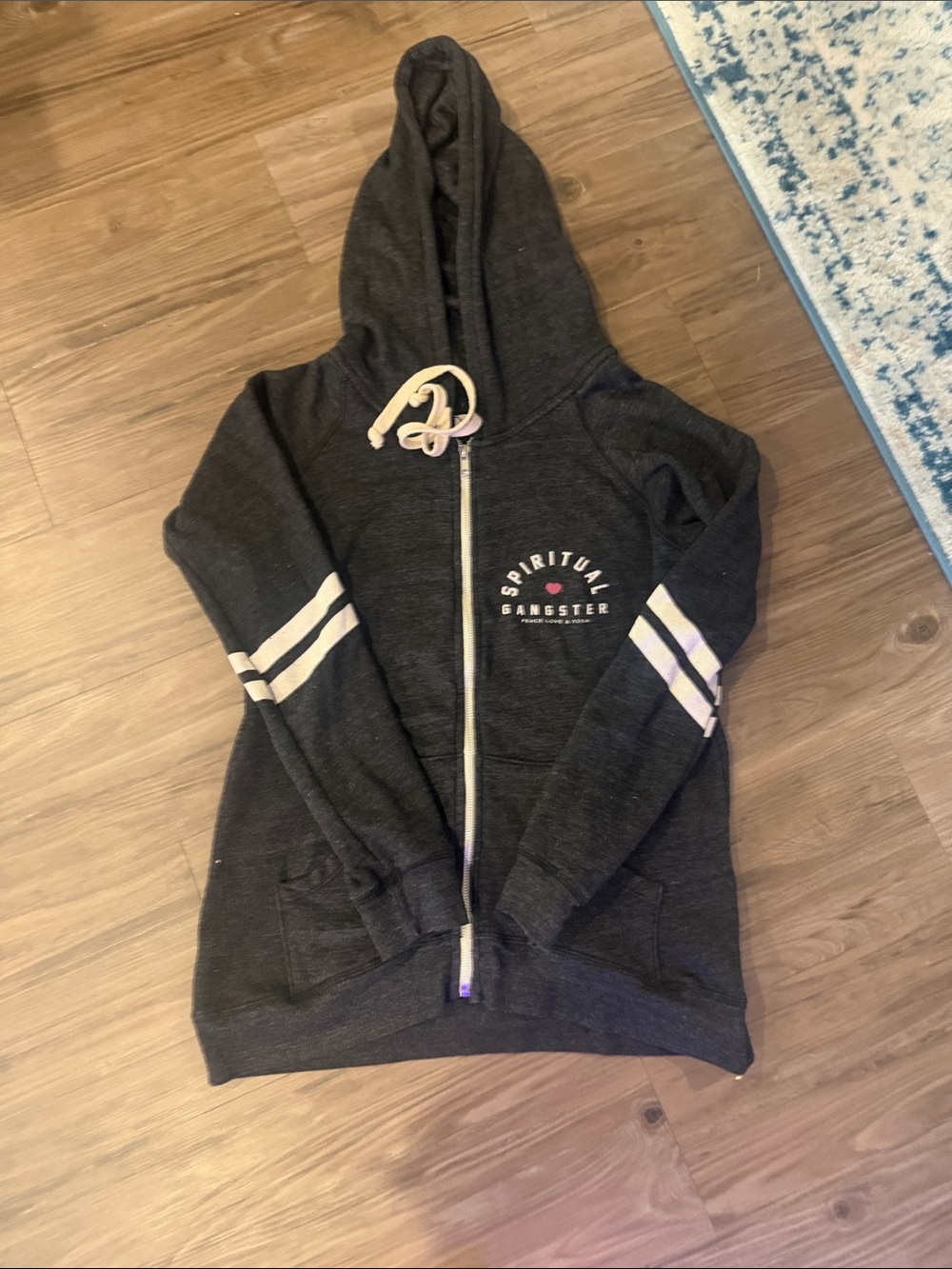 Spiritual Gangster Women’s Dark Charcoal Zip Hoodie with White Stripes